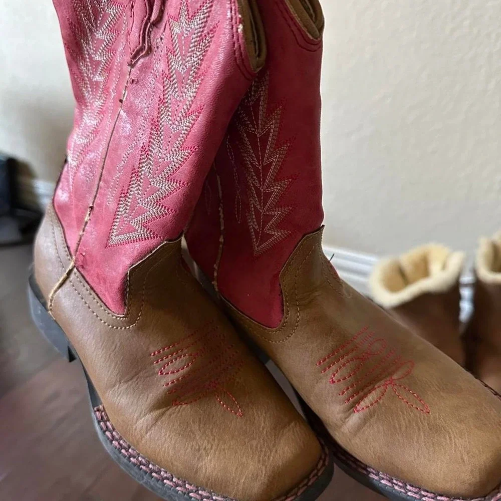 Roper Kids Pink Tan Faux Leather Western Cowboy Boots Size 12